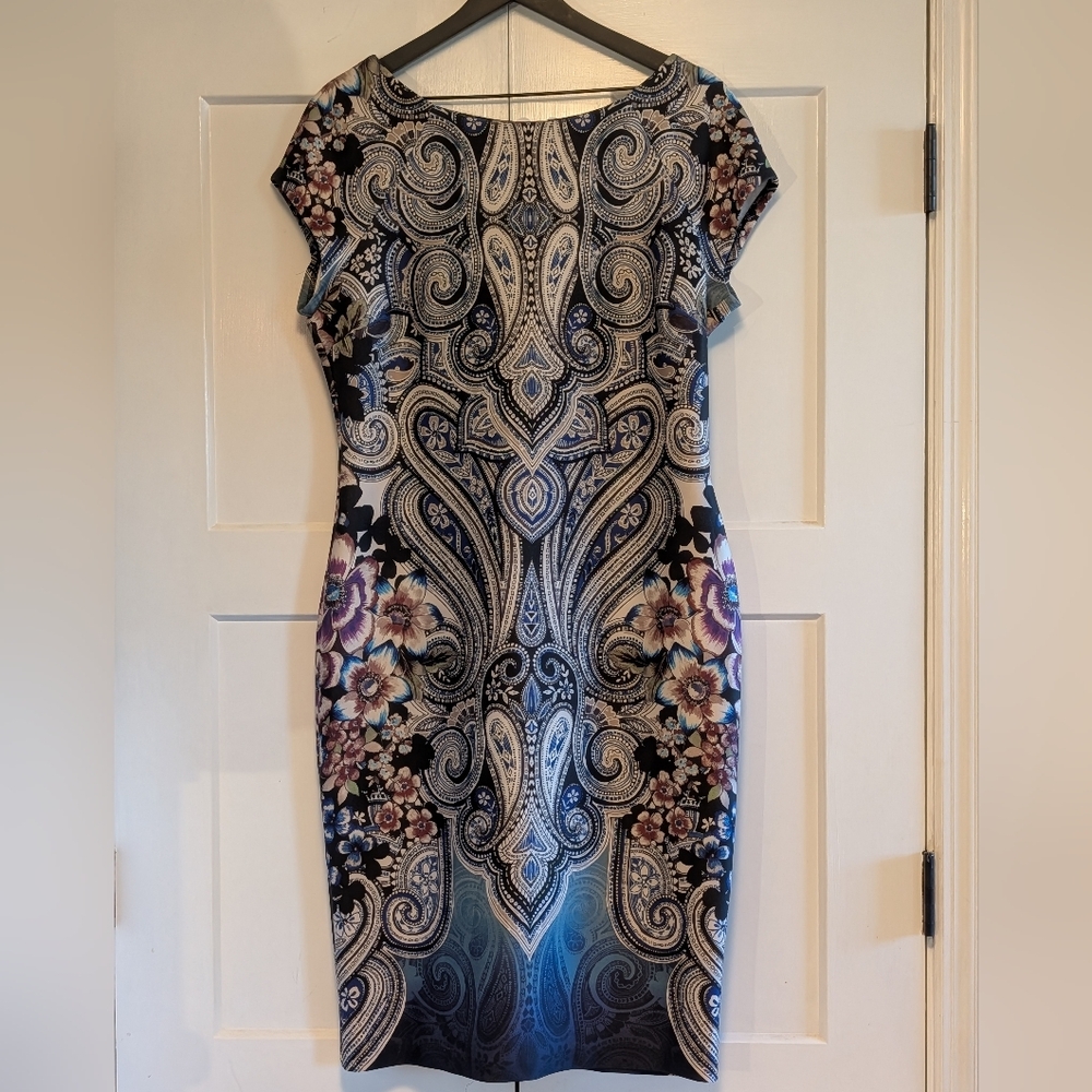 ECI New York Paisley Floral Sheath Dress Size 14 Blue Black Cap Sleeve Midi Soft